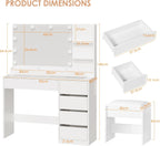 Large Mirror and Lights 3-Colour LED Adjustable Brightness Glass Top Vanity Table with Plug and Stool 5 Drawers