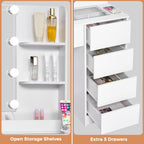 Large Mirror and Lights 3-Colour LED Adjustable Brightness Glass Top Vanity Table with Plug and Stool 5 Drawers