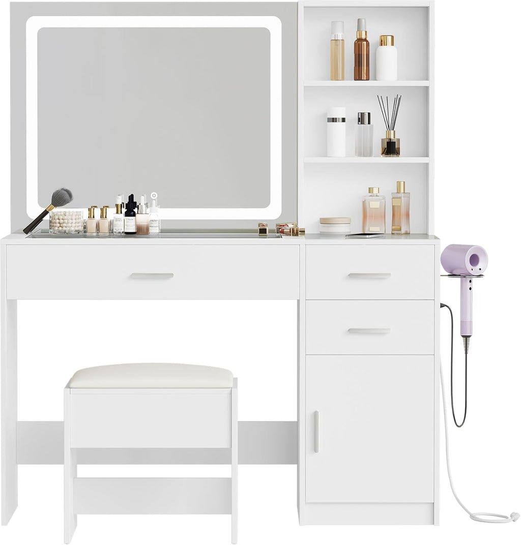 Glass Top Vanity Table Makeup Desk with 3 Drawers and Storage Cabinets, White Bedroom Dressing Tables with Mirror