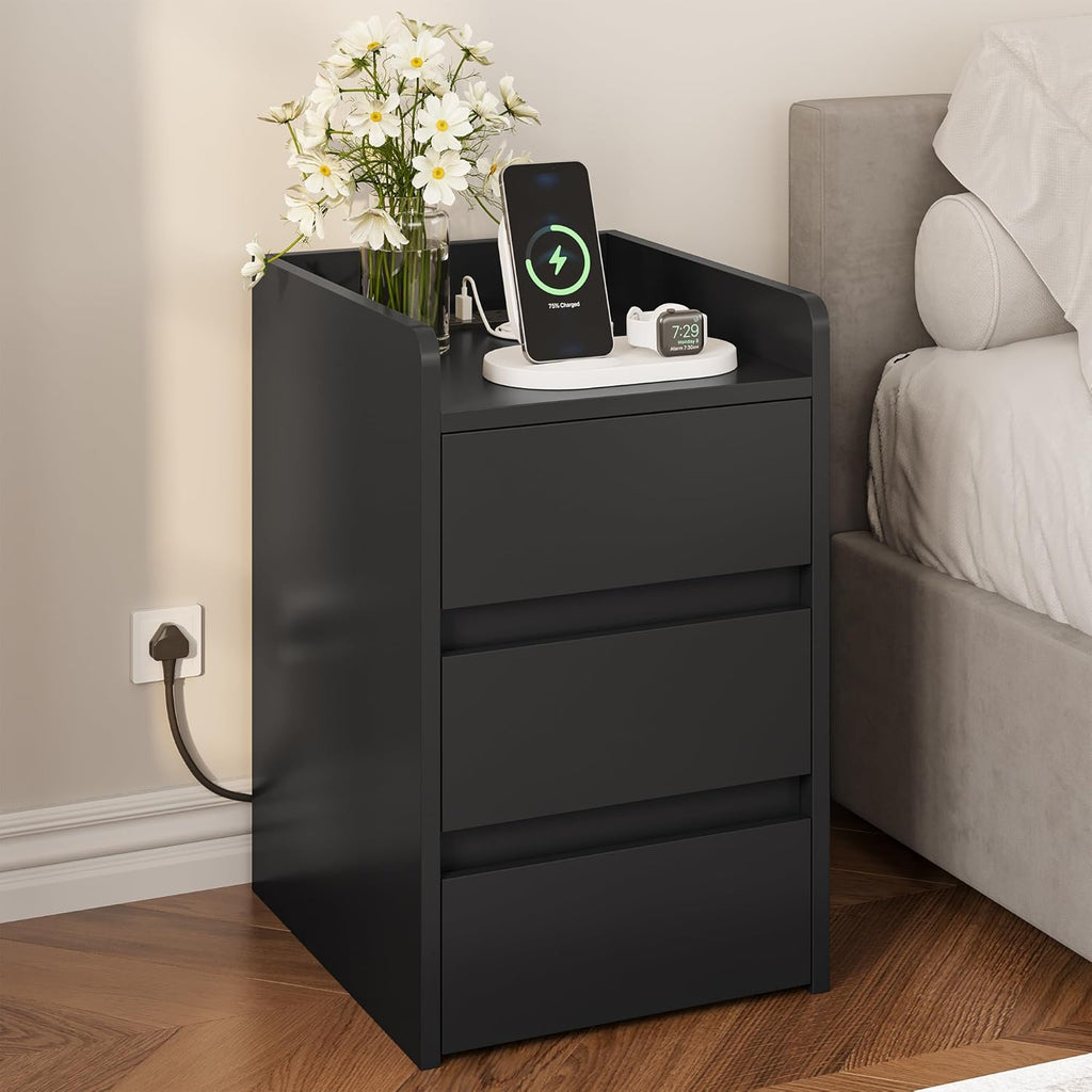 Bedside Table with 3 Drawers and Power Station, Modern Nightstand End Table