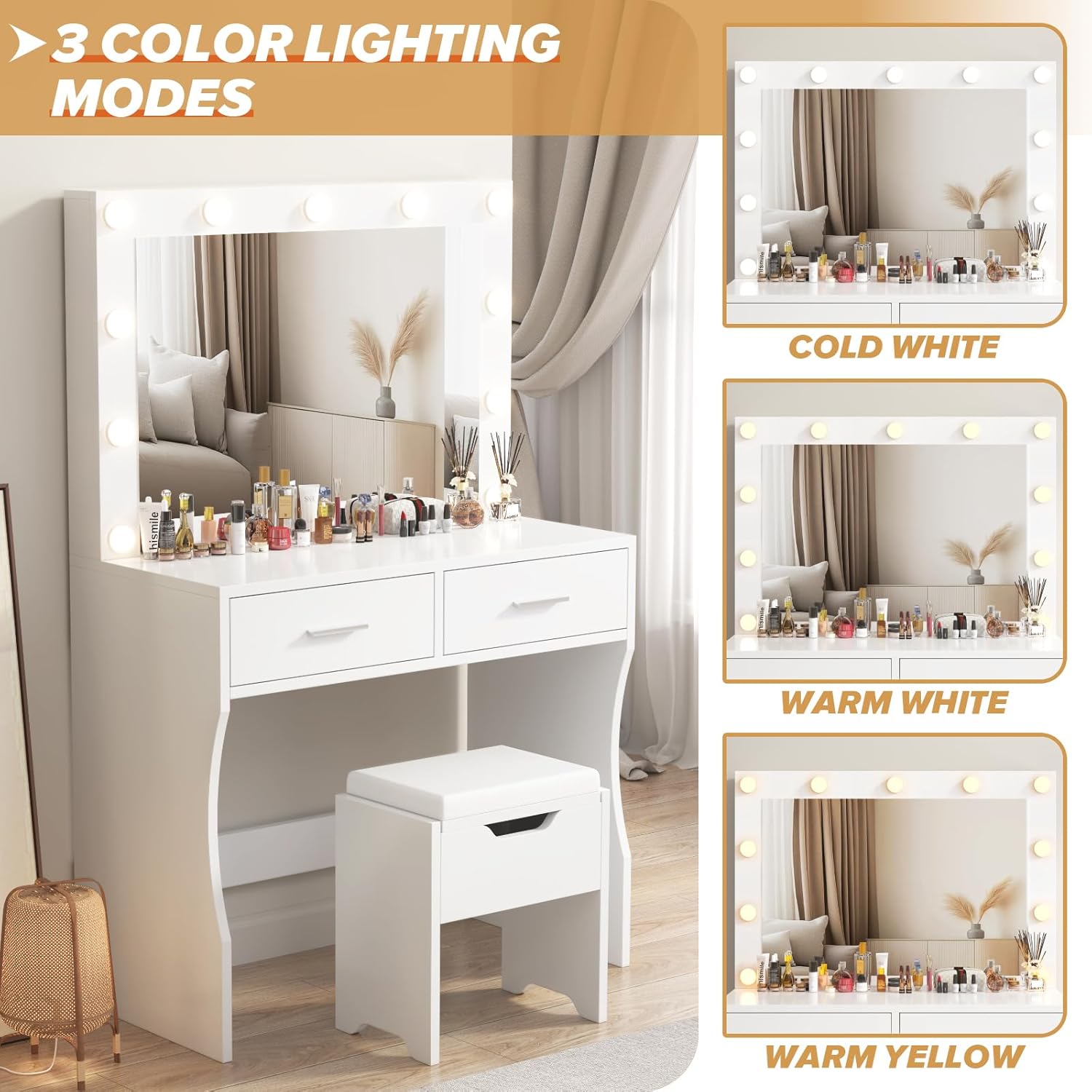 Table with Large Mirror and Stool, Vanity Table with Adjustable Brightnes, 3 Color LED Lights, 2 Large Drawers