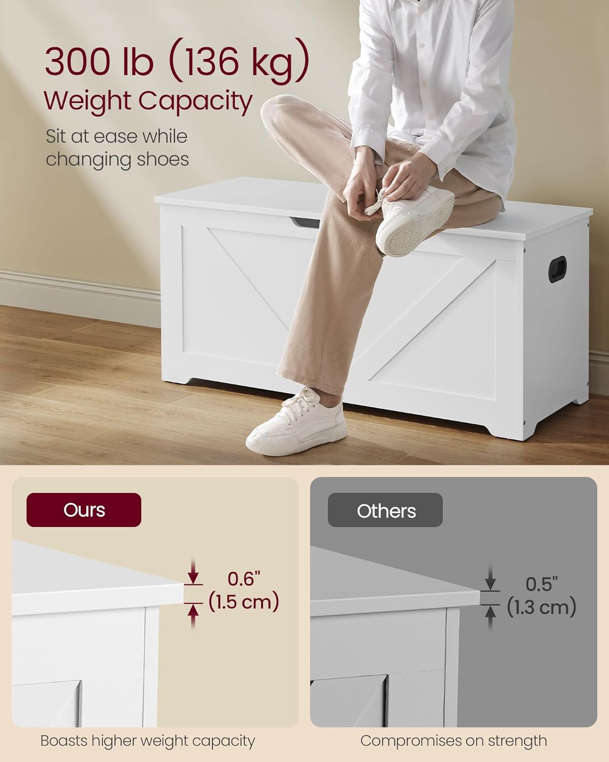 Storage Chest, Storage Bench, Blanket Box with 2 Safety Hinges, Shoe Storage Bench, Farmhouse Style