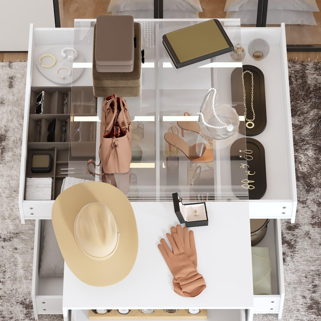 Armoire Bedroom Island Wardrobe Closet Island with 8 Drawers & Glass Tabletop, Walk in Closet Island with Drawers