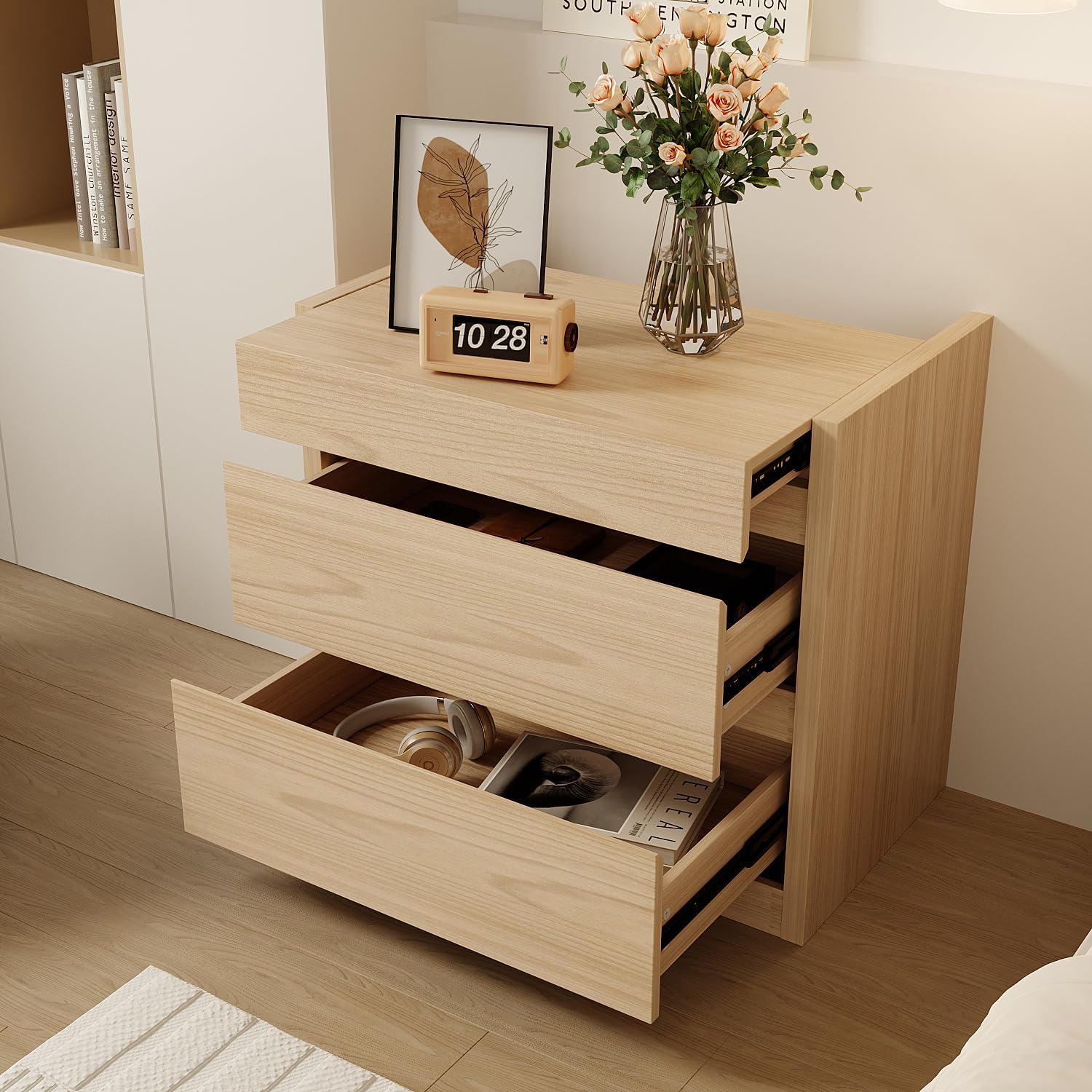 Bedside Table with Hidden Drawer, Modern Nightstand with 2 Large Drawers, Bedside Storage Cabinet