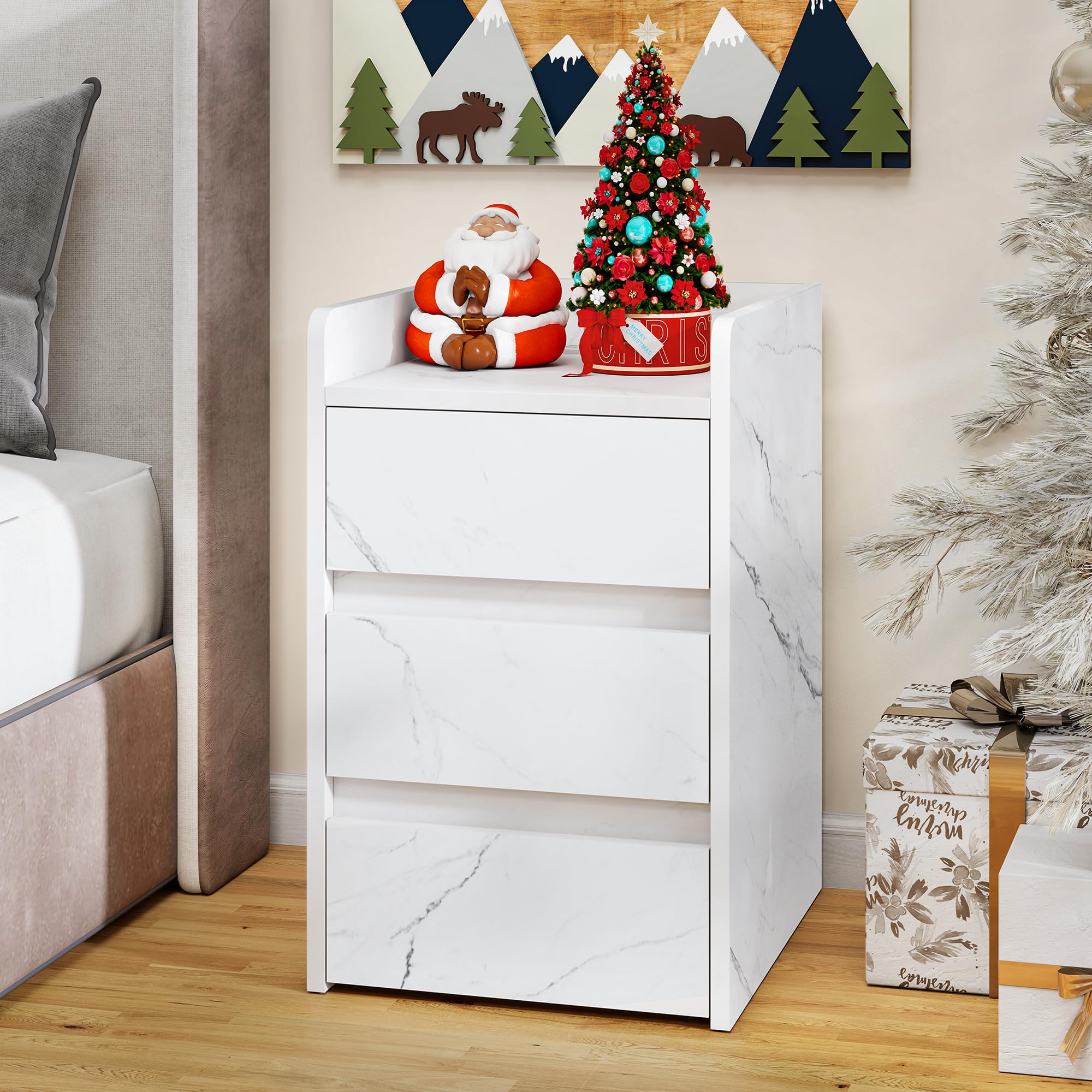 Bedside Table with 3 Drawers and Power Station, Modern Nightstand End Table