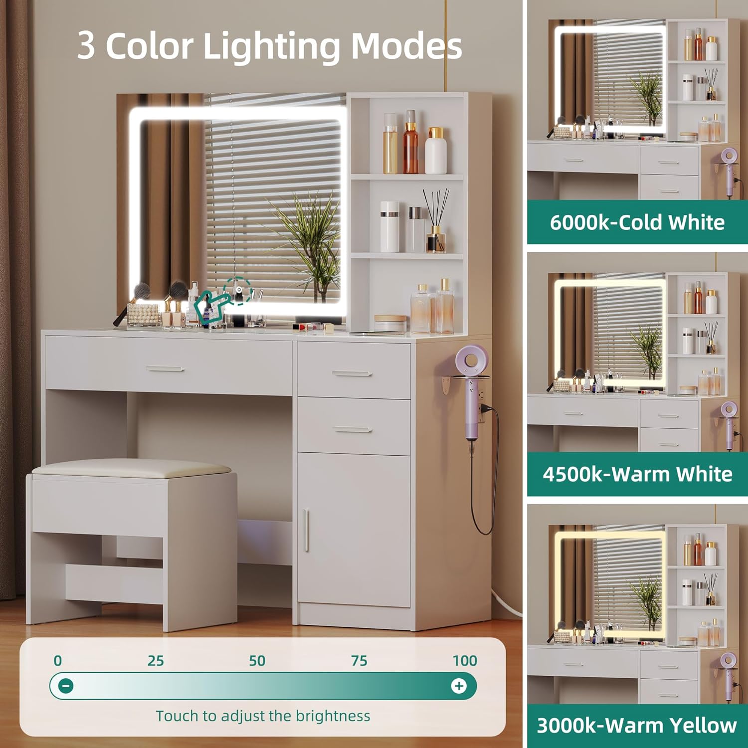 Glass Top Vanity Table Makeup Desk with 3 Drawers and Storage Cabinets, White Bedroom Dressing Tables with Mirror