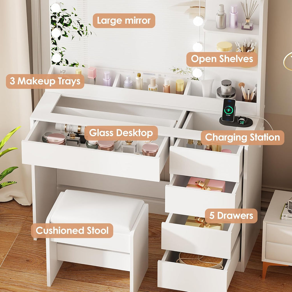 Large Mirror and Lights 3-Colour LED Adjustable Brightness Glass Top Vanity Table with Plug and Stool 5 Drawers