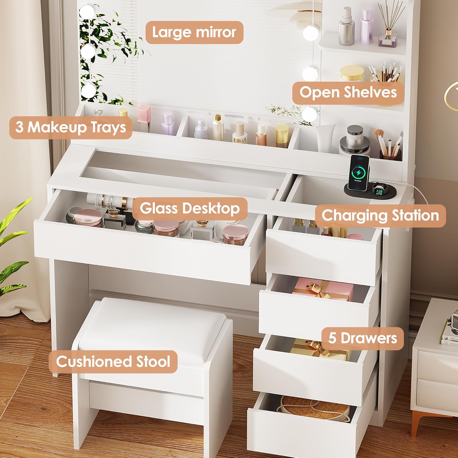 Large Mirror and Lights 3-Colour LED Adjustable Brightness Glass Top Vanity Table with Plug and Stool 5 Drawers